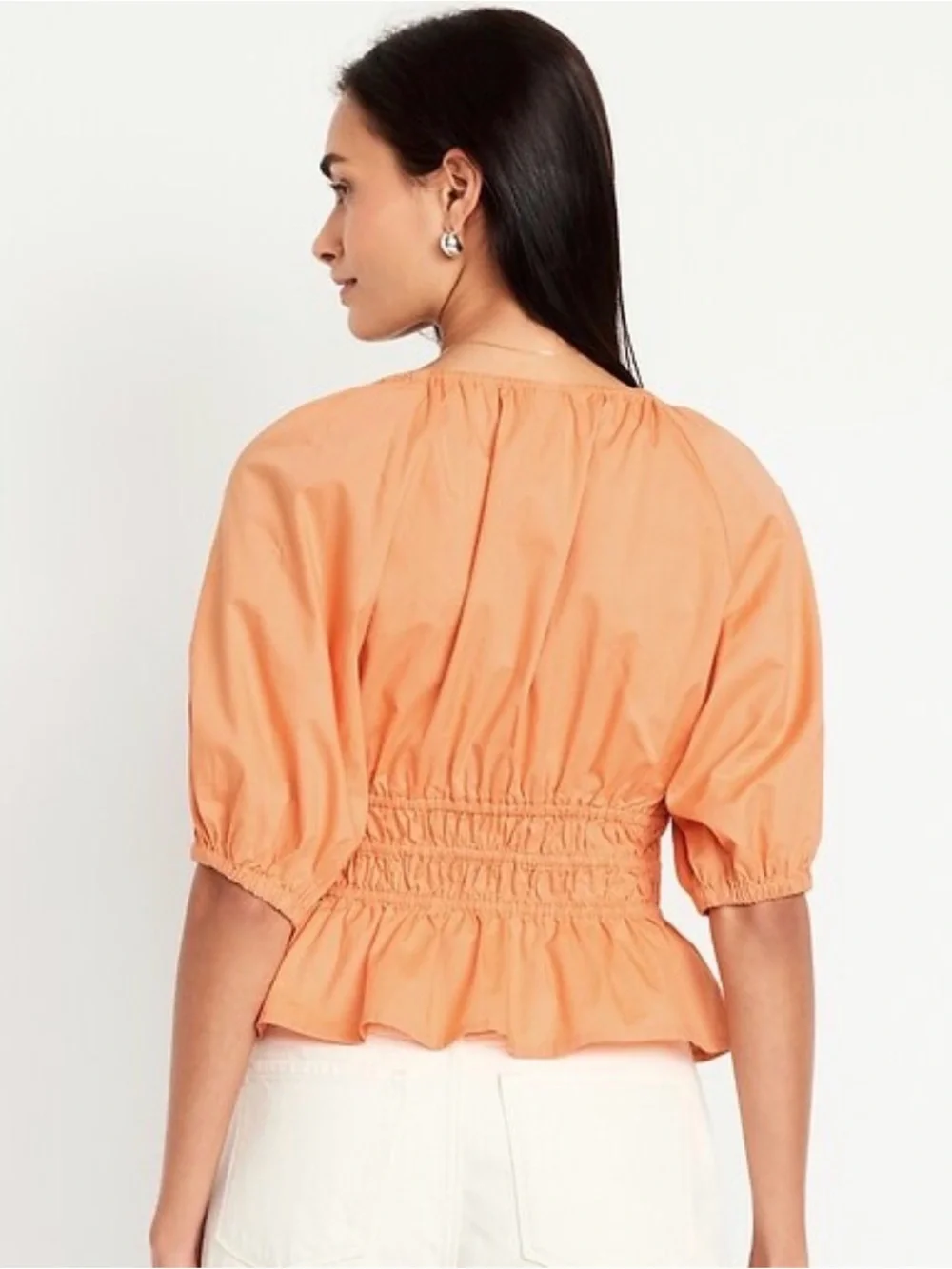 Old Navy Smocked V-Neck Peplum Top Puff Sleeve Orange NWT Size Large Petite